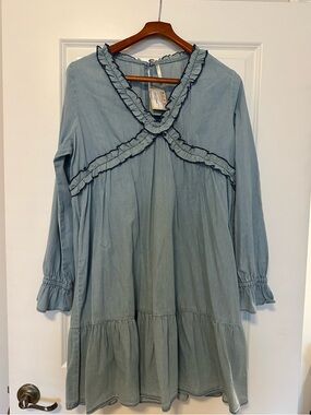 Rodeo Brand Light Blue Denim Ruffle Trim Long-Sleeve  Dress